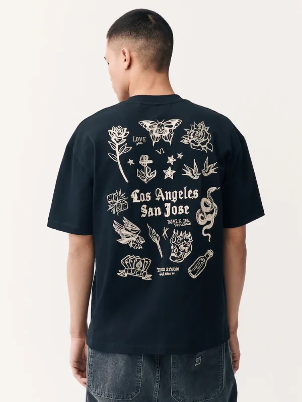 Black Tattoo Relaxed Fit Graphic Print Heavy Weight T-Shirt